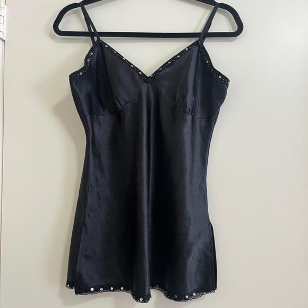 Women Satin Babydoll Cami Top M Black Beaded Sequin Lace Trim Y2K Coquette Fairy